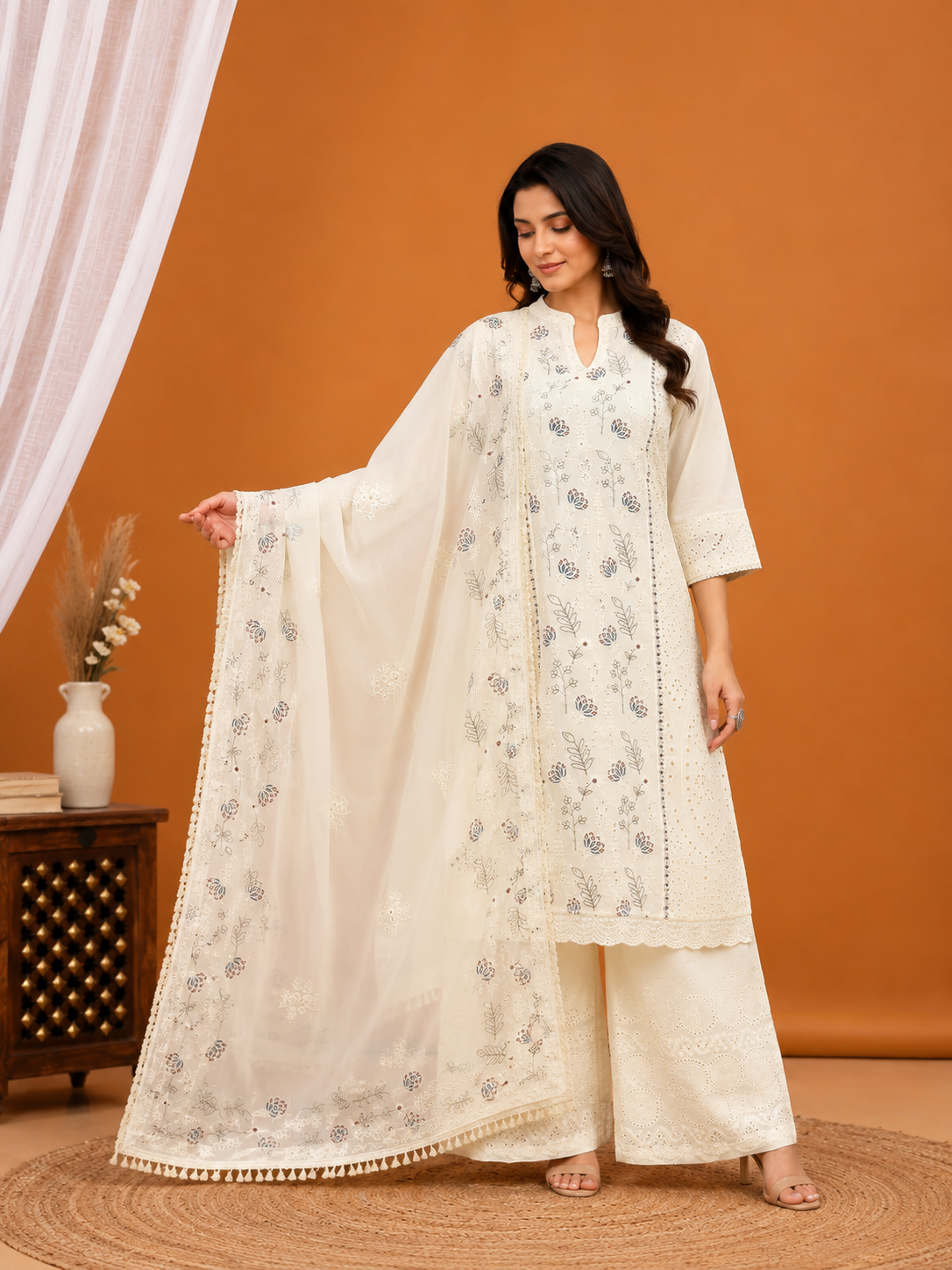 Moonlight Ivory Chikankari-Inspired Suit Set with Dupatta