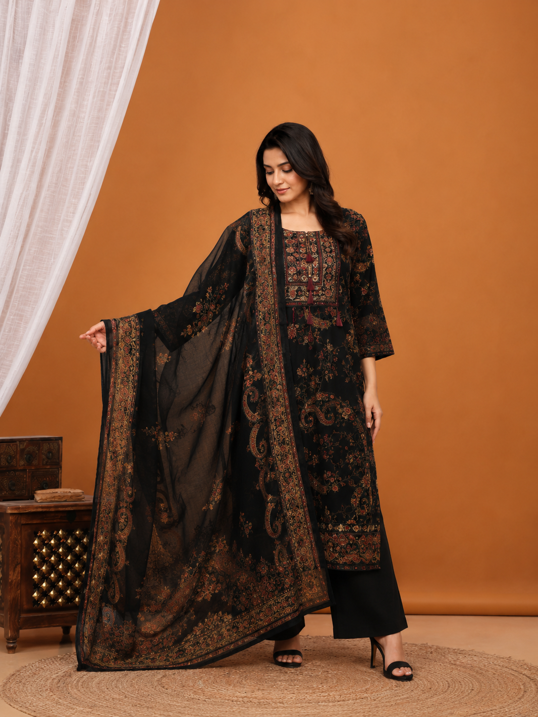 Black Paisley Printed Suit Set with Dupatta