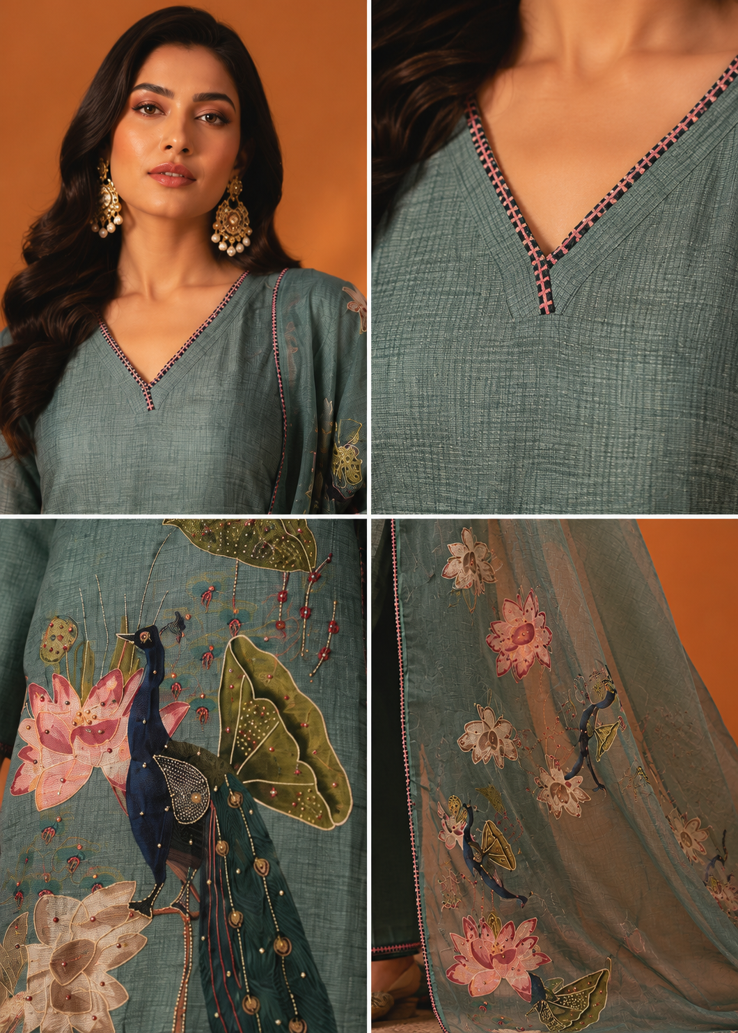Pastel Teal Linen Cotton Peacock Motif 3-Piece Suit Set
