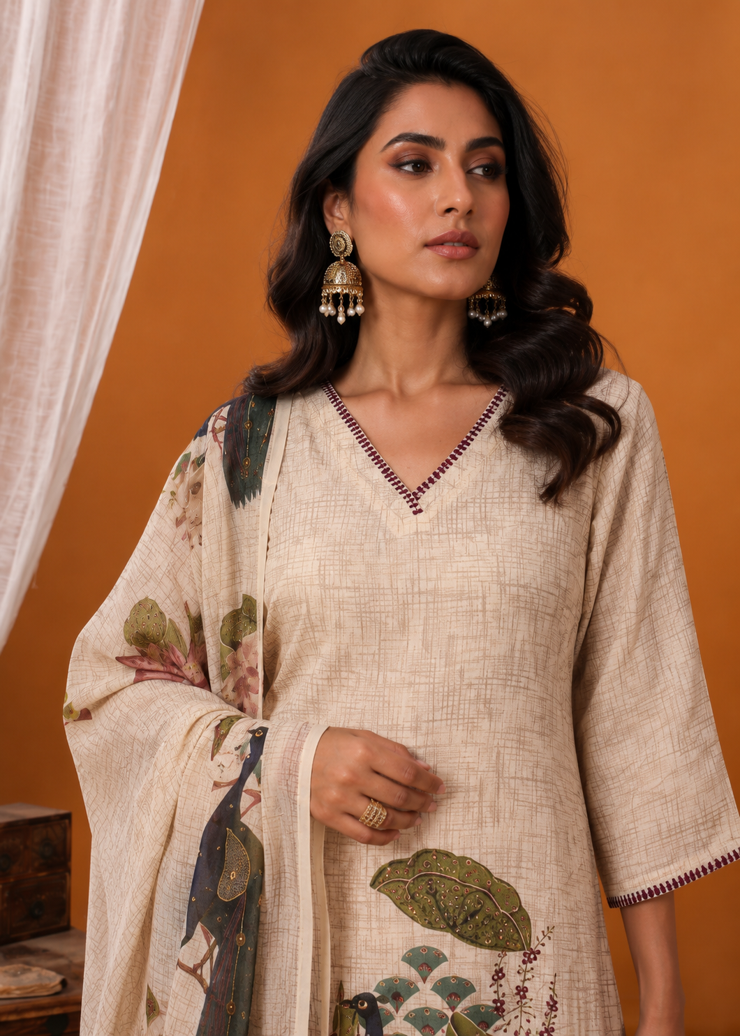 Beige Cotton Slub Kurta Set with Peacock and Lotus Kalamkari Print