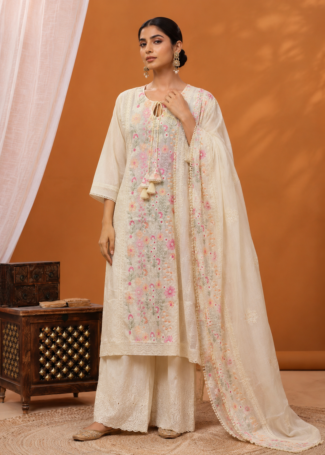 Off-White Cotton Floral Embroidered Kurta Set with Palazzo and Dupatta