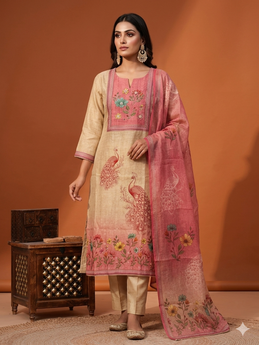 Beige & Dusty Pink Linen Cotton Salwar Suit Set with Peacock Motifs