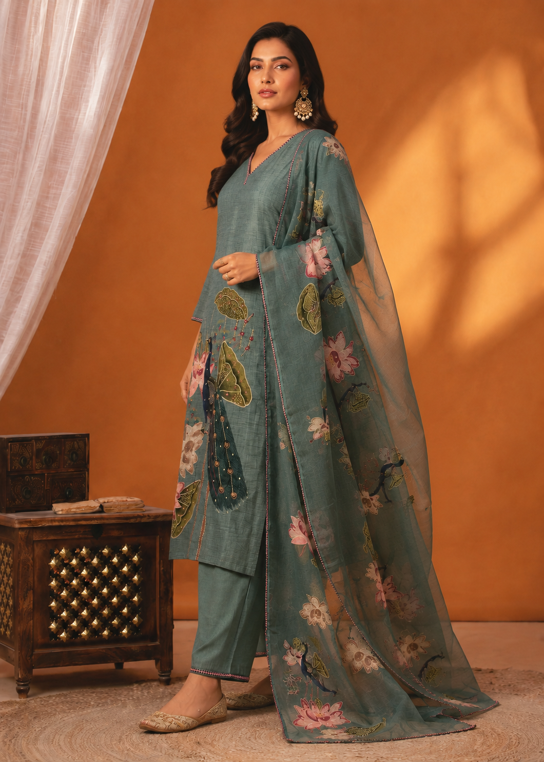 Pastel Teal Linen Cotton Peacock Motif 3-Piece Suit Set