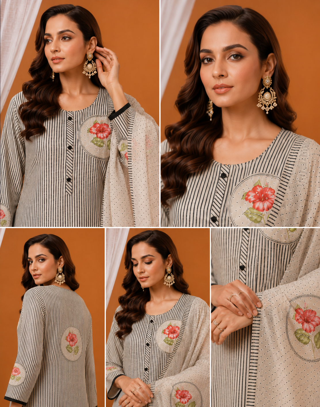 Elegant Striped Linen Cotton Kurta Set with Floral Accent & Dupatta