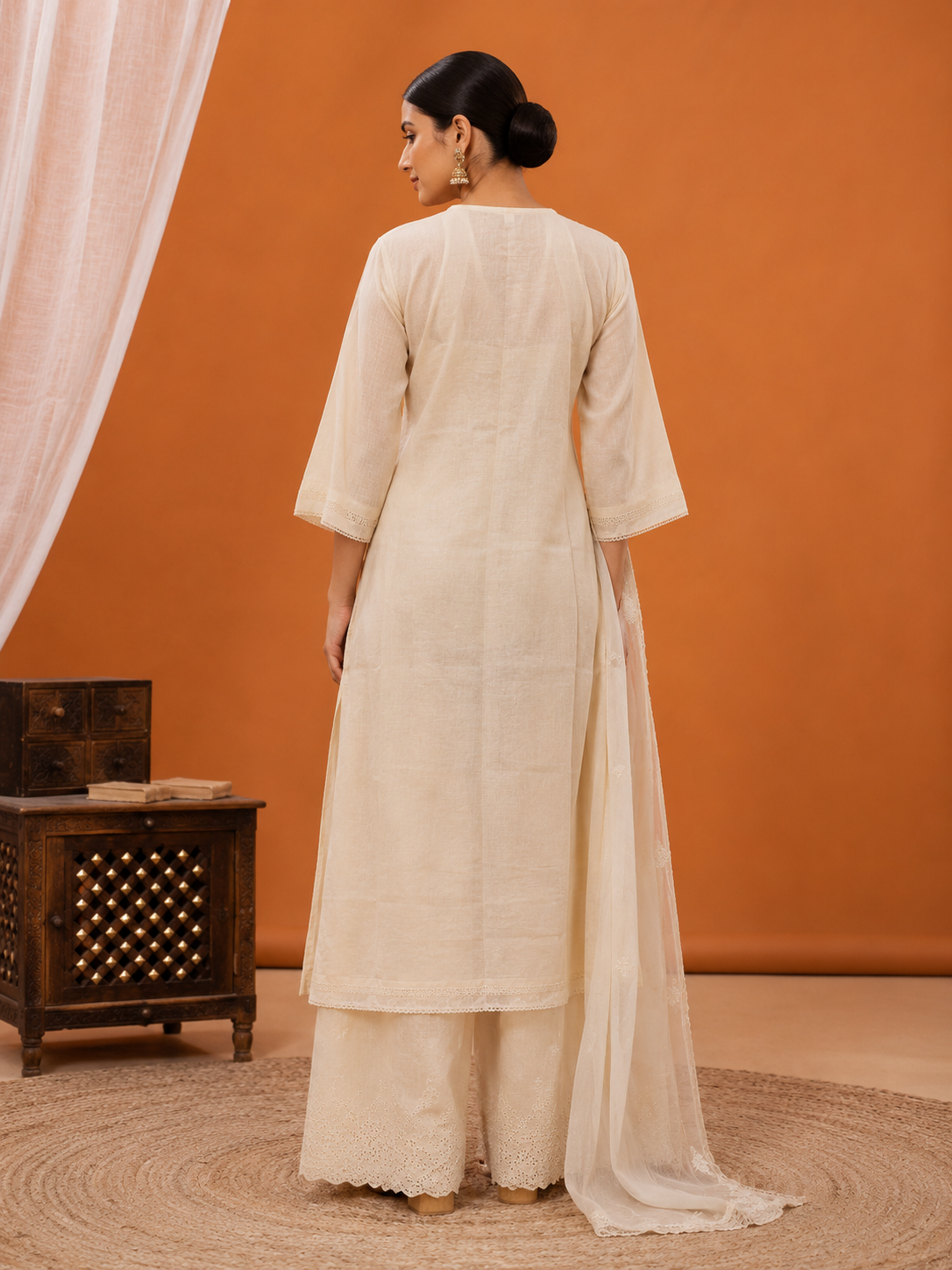 Off-White Cotton Floral Embroidered Kurta Set with Palazzo and Dupatta