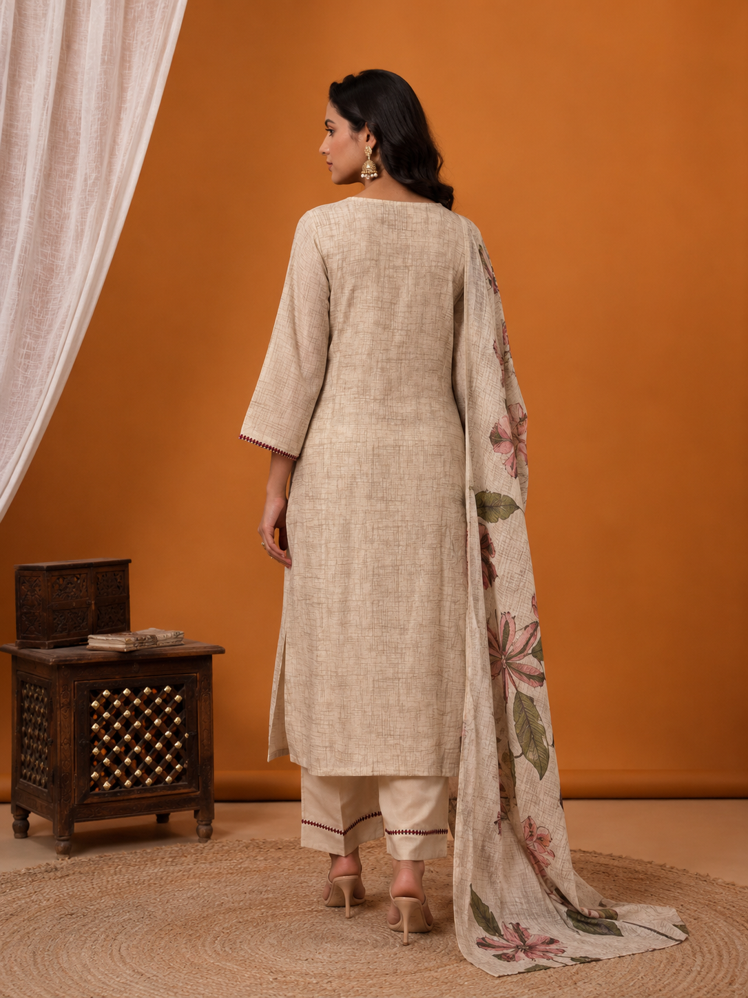 Beige Cotton Slub Kurta Set with Peacock and Lotus Kalamkari Print