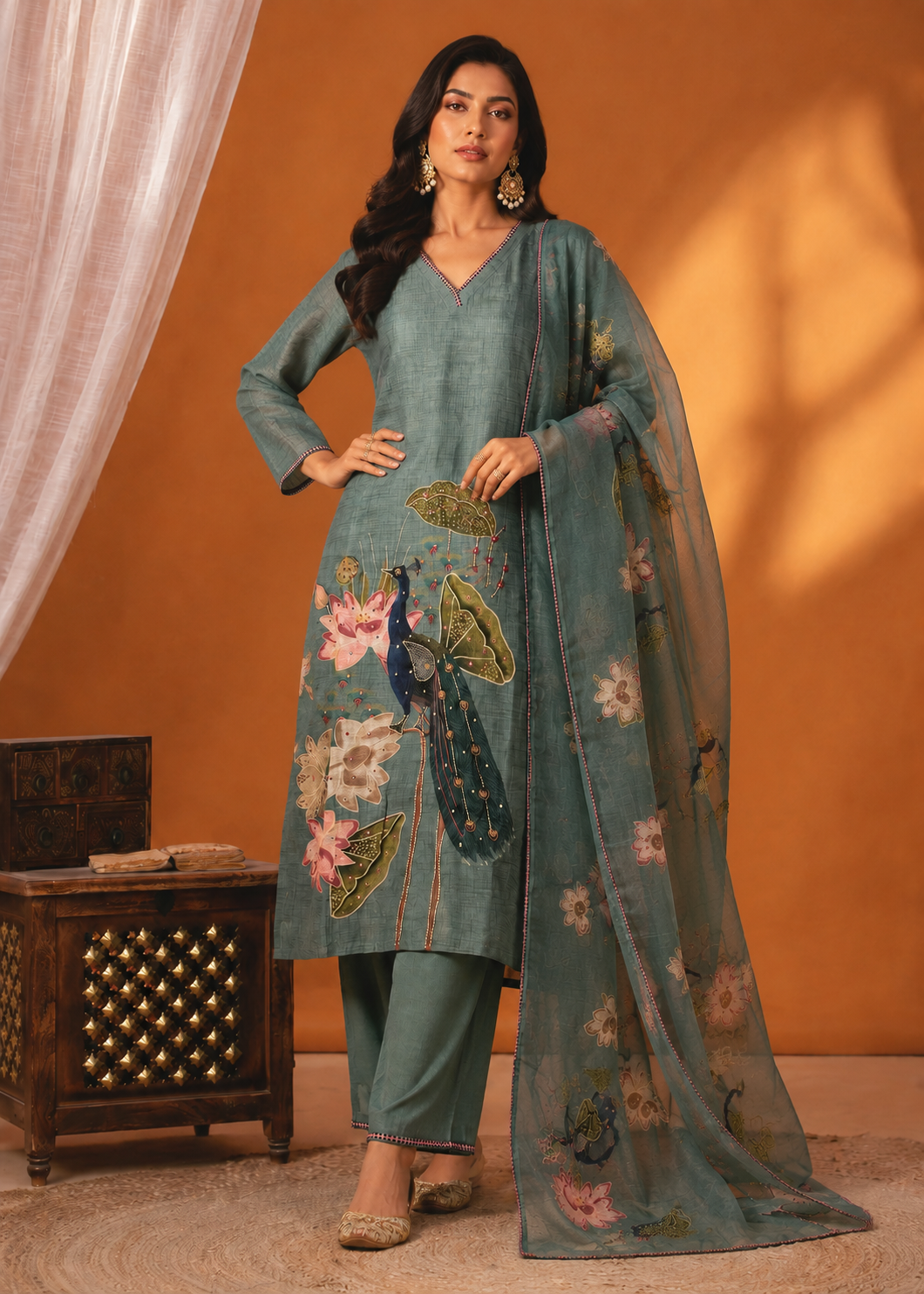 Pastel Teal Linen Cotton Peacock Motif 3-Piece Suit Set
