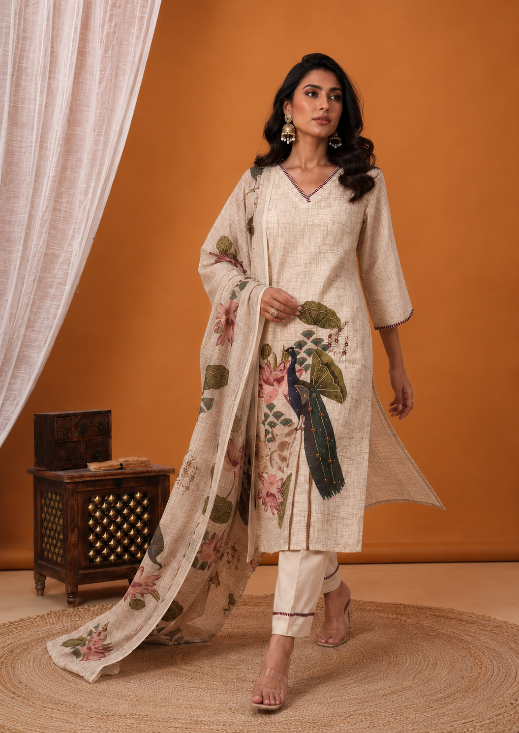 Beige Cotton Slub Kurta Set with Peacock and Lotus Kalamkari Print