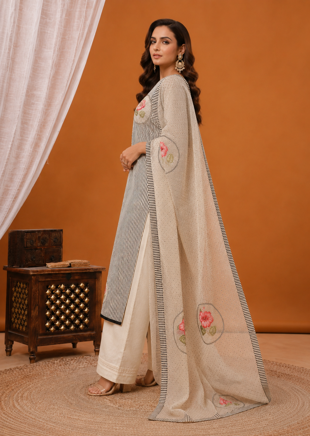 Elegant Striped Linen Cotton Kurta Set with Floral Accent & Dupatta