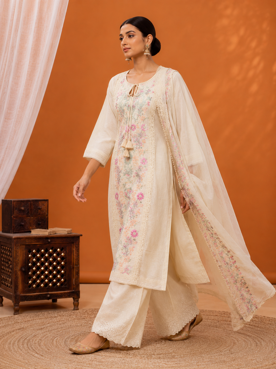 Off-White Cotton Floral Embroidered Kurta Set with Palazzo and Dupatta