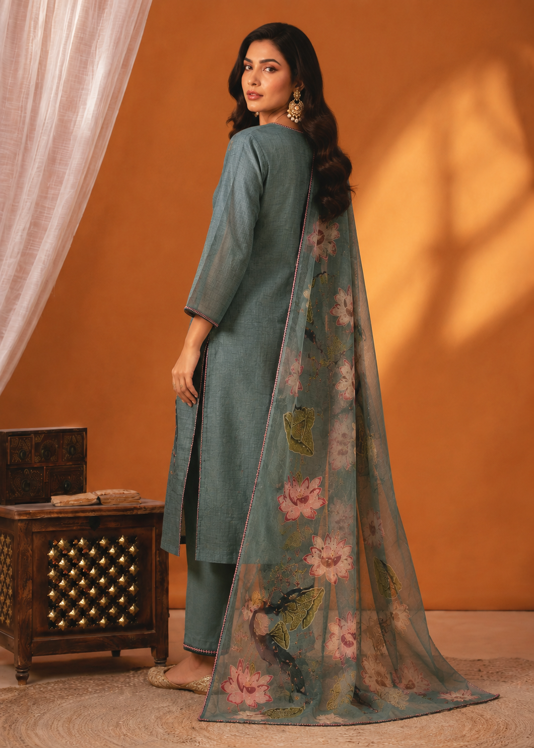 Pastel Teal Linen Cotton Peacock Motif 3-Piece Suit Set