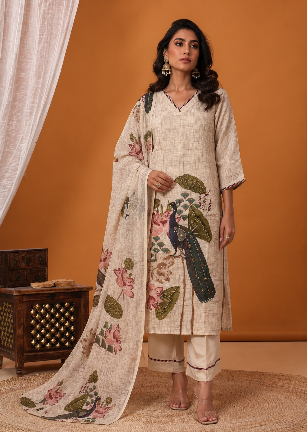 Beige Cotton Slub Kurta Set with Peacock and Lotus Kalamkari Print