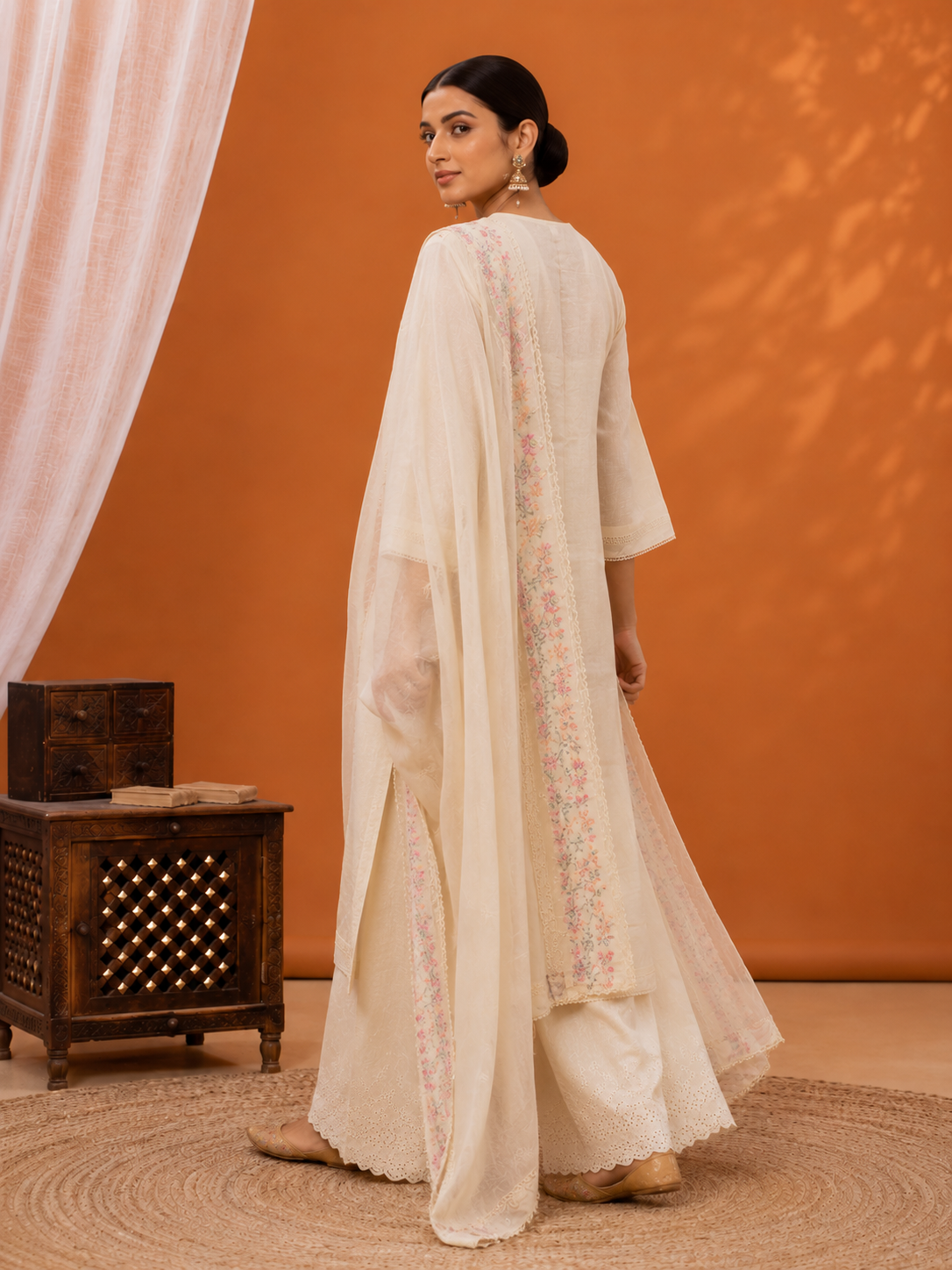 Off-White Cotton Floral Embroidered Kurta Set with Palazzo and Dupatta