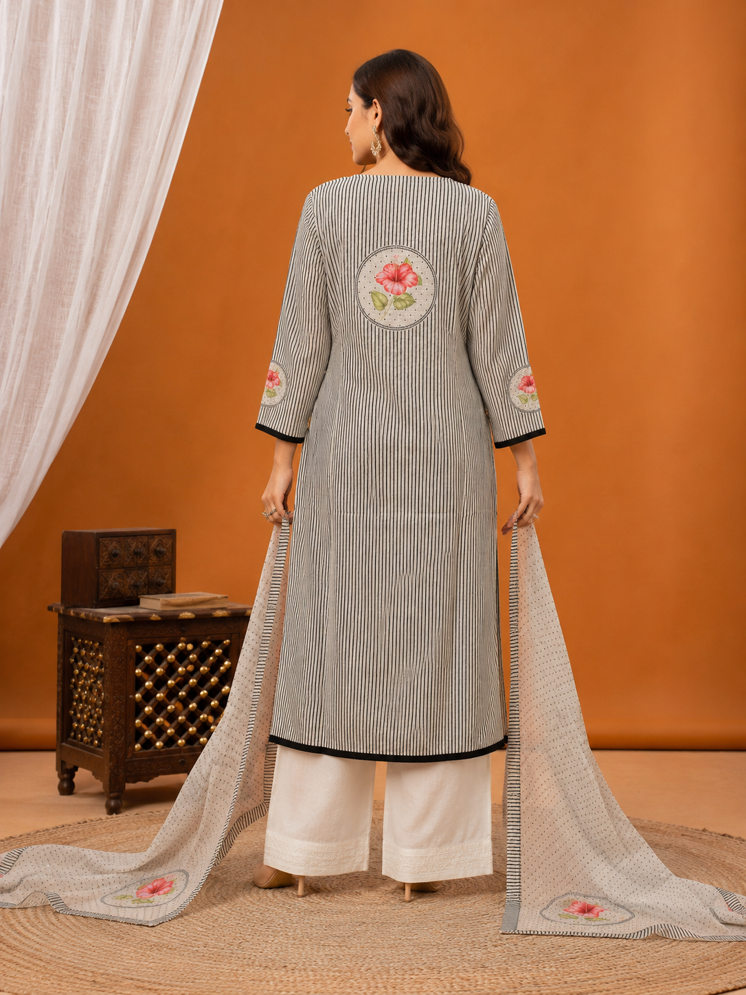 Elegant Striped Linen Cotton Kurta Set with Floral Accent & Dupatta