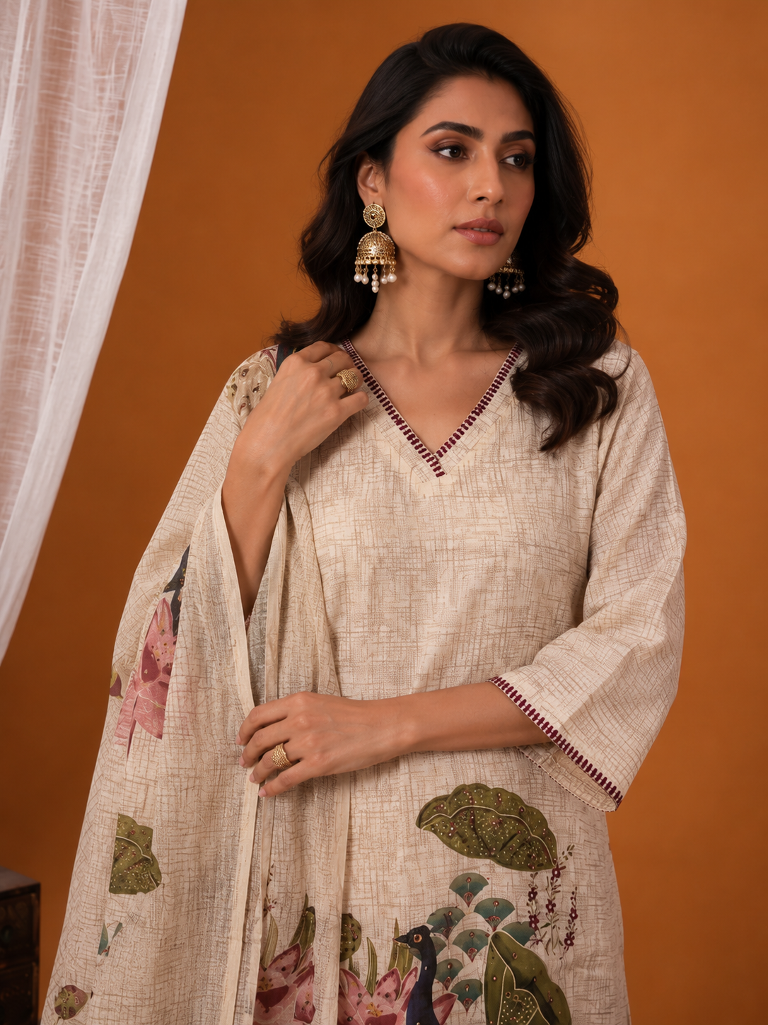 Beige Cotton Slub Kurta Set with Peacock and Lotus Kalamkari Print