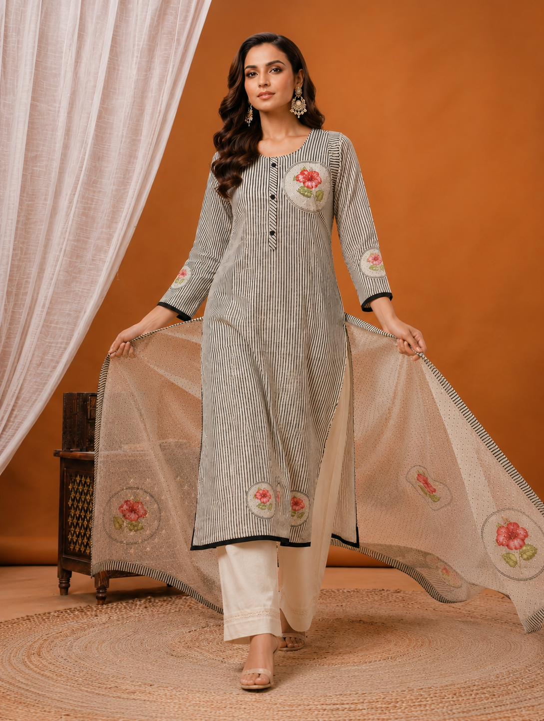 Elegant Striped Linen Cotton Kurta Set with Floral Accent & Dupatta