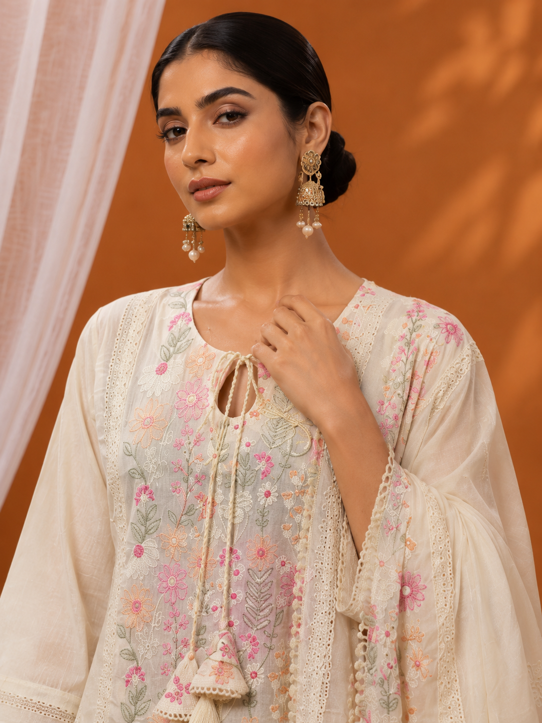 Off-White Cotton Floral Embroidered Kurta Set with Palazzo and Dupatta