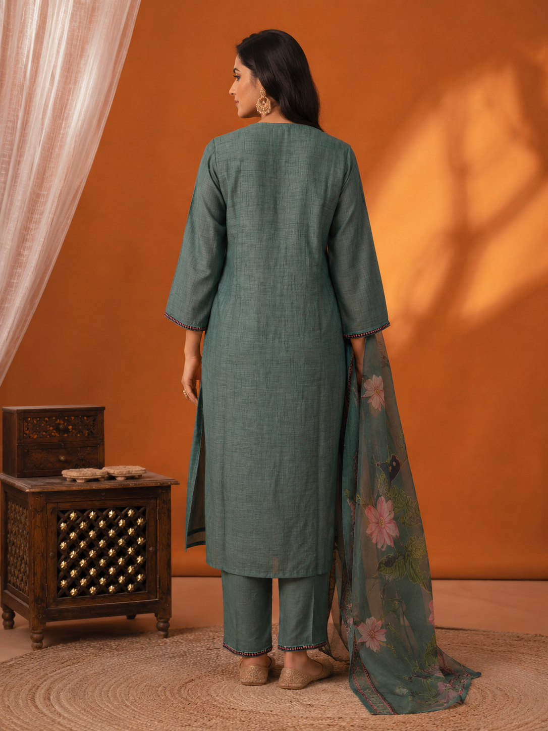 Pastel Teal Linen Cotton Peacock Motif 3-Piece Suit Set