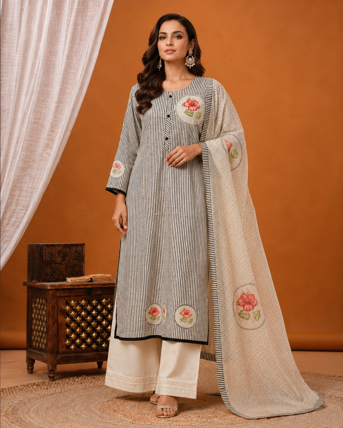 Elegant Striped Linen Cotton Kurta Set with Floral Accent & Dupatta