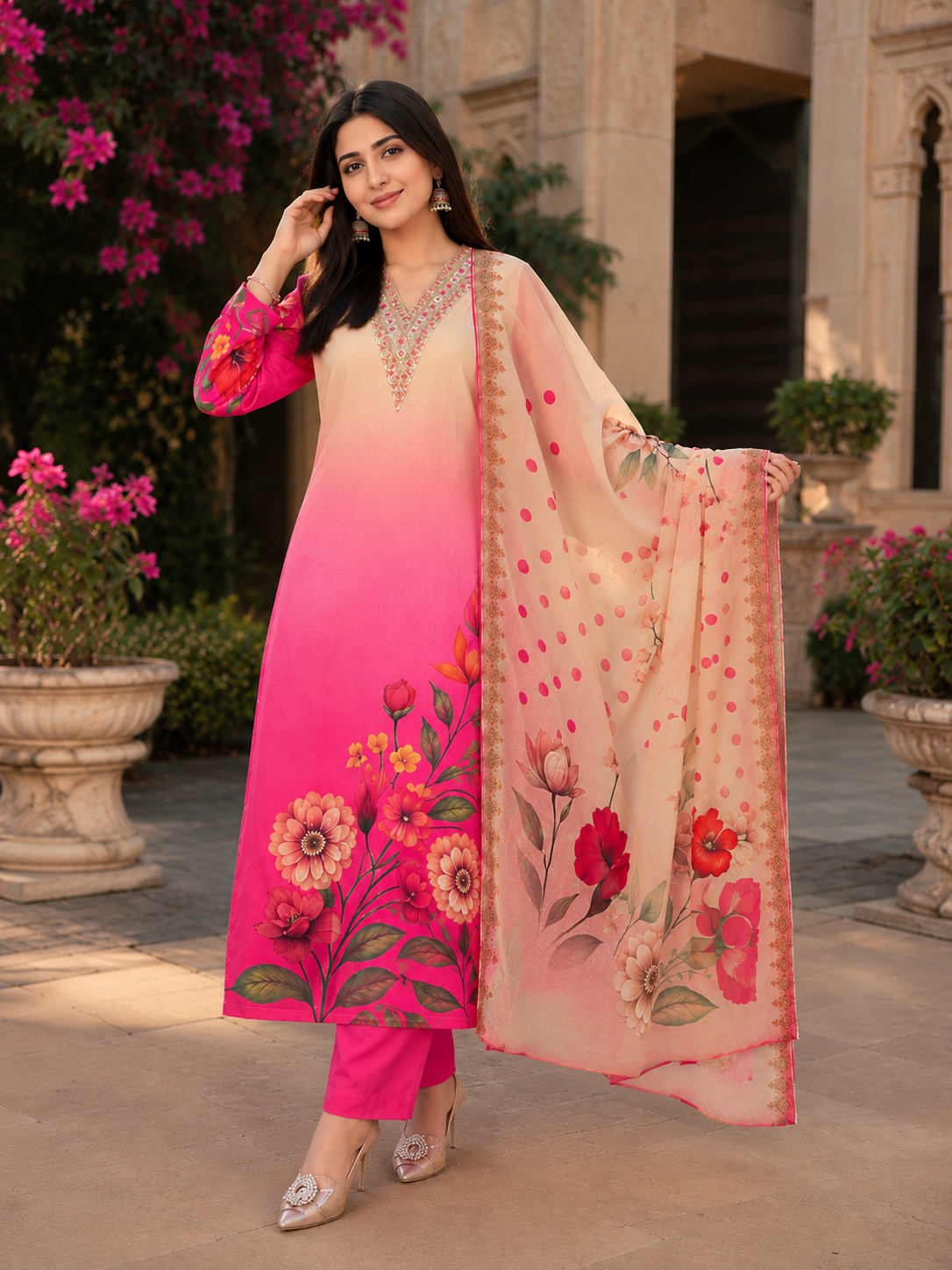 Ombre Pink Floral Soft Silk Salwar Suit Set