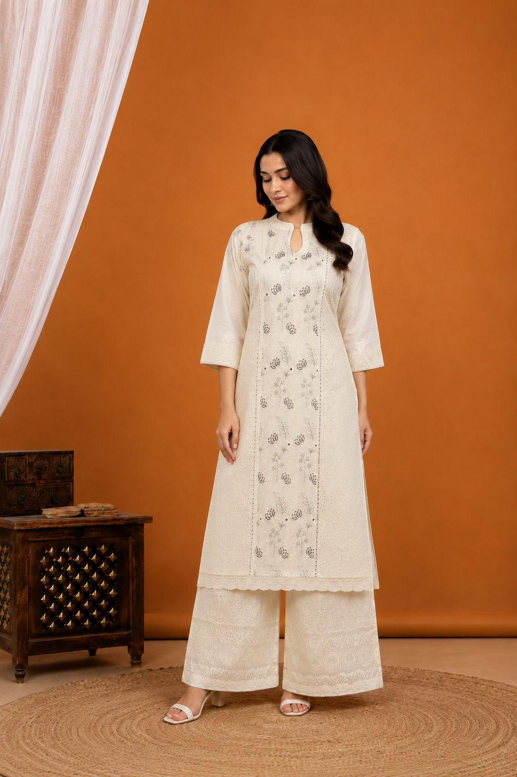 Moonlight Ivory Chikankari-Inspired Suit Set with Dupatta