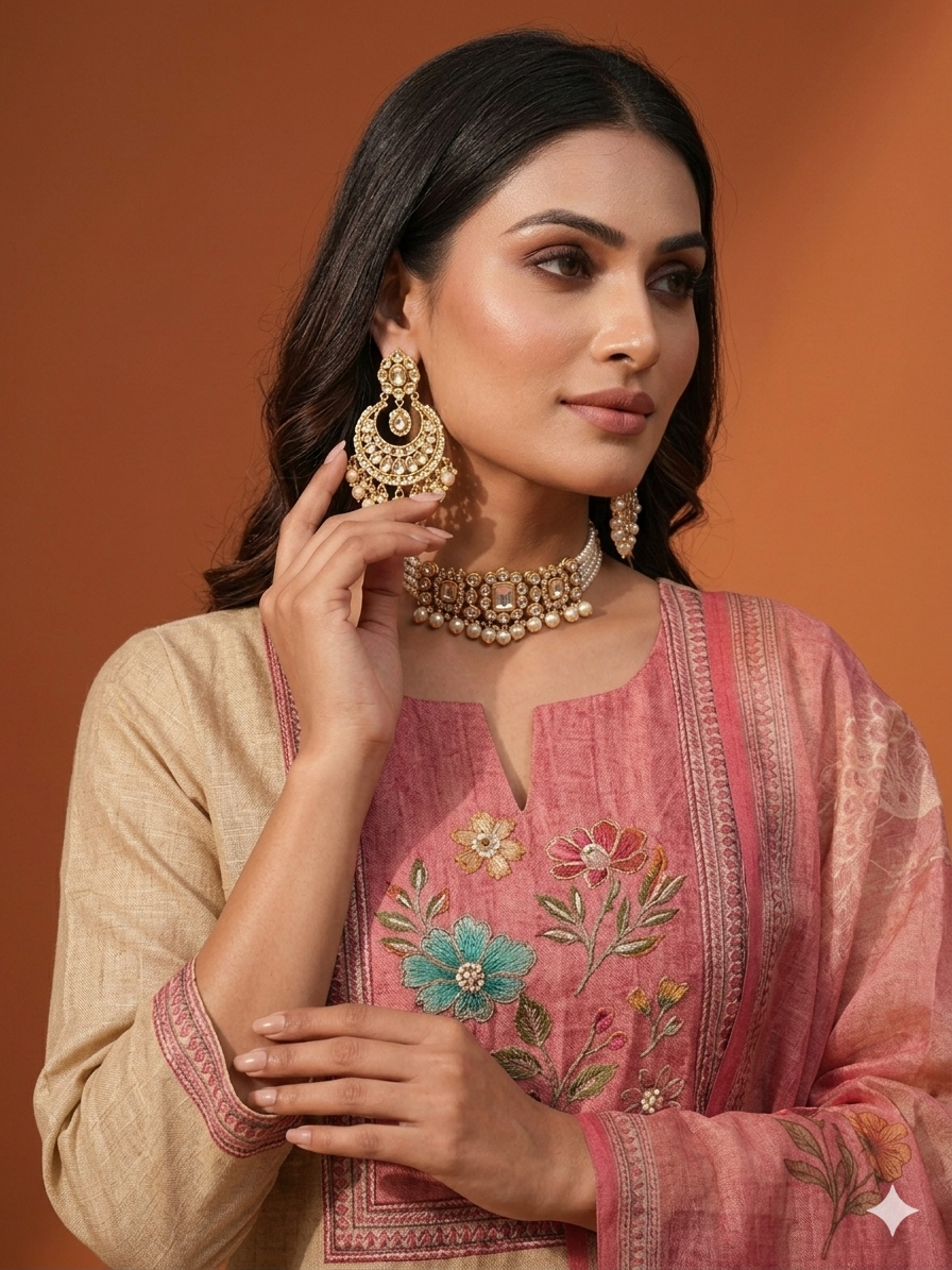 Beige & Dusty Pink Linen Cotton Salwar Suit Set with Peacock Motifs