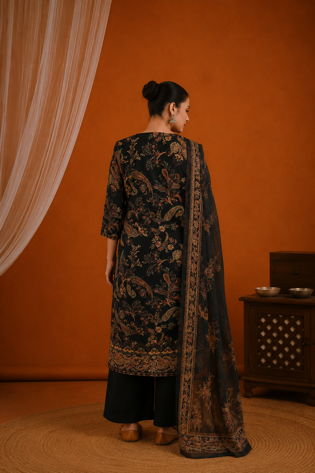Black Paisley Printed Suit Set with Dupatta