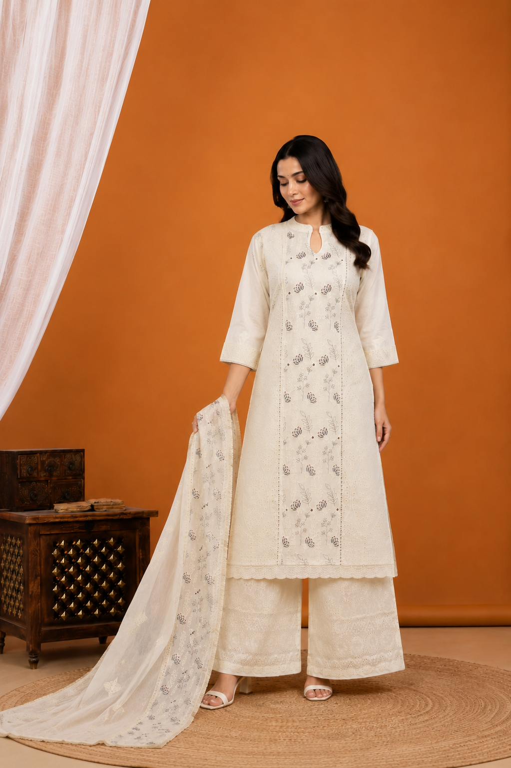 Moonlight Ivory Chikankari-Inspired Suit Set with Dupatta