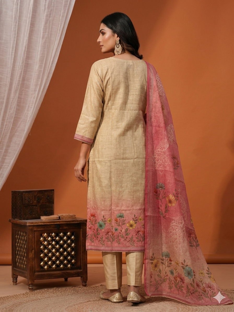 Beige & Dusty Pink Linen Cotton Salwar Suit Set with Peacock Motifs