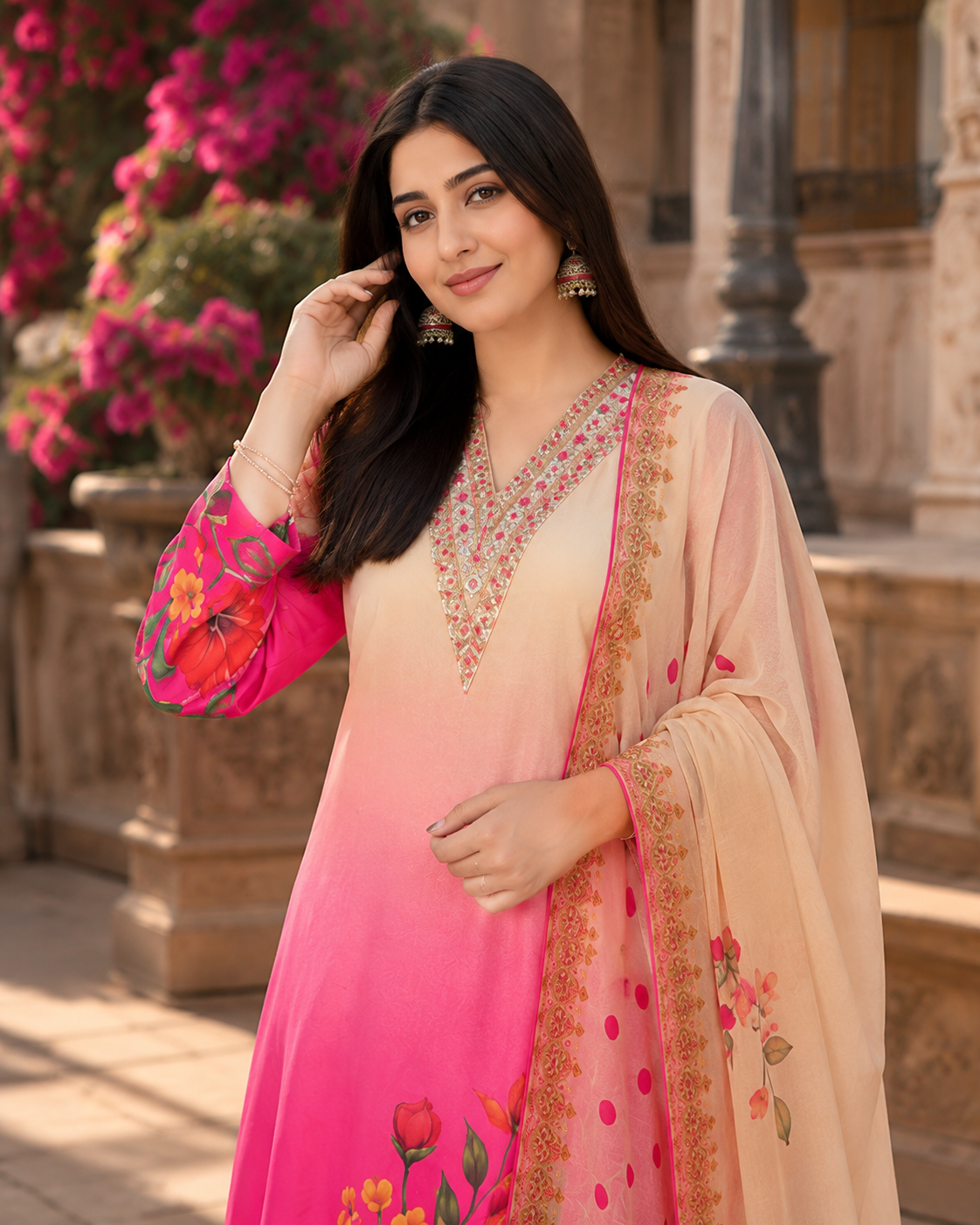 Ombre Pink Floral Soft Silk Salwar Suit Set