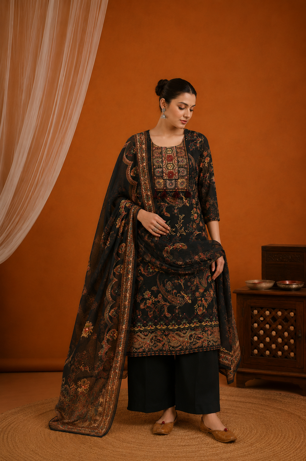 Black Paisley Printed Suit Set with Dupatta