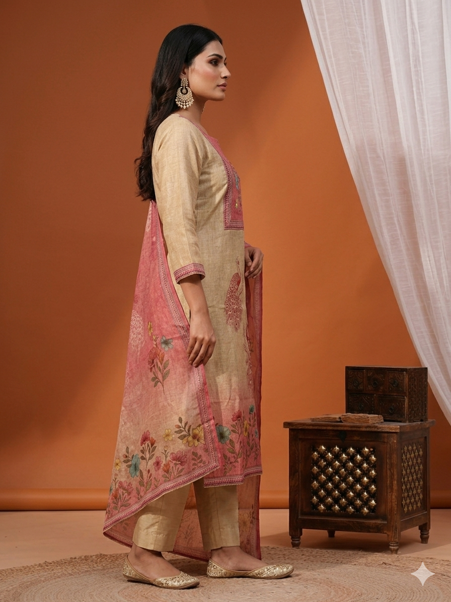 Beige & Dusty Pink Linen Cotton Salwar Suit Set with Peacock Motifs