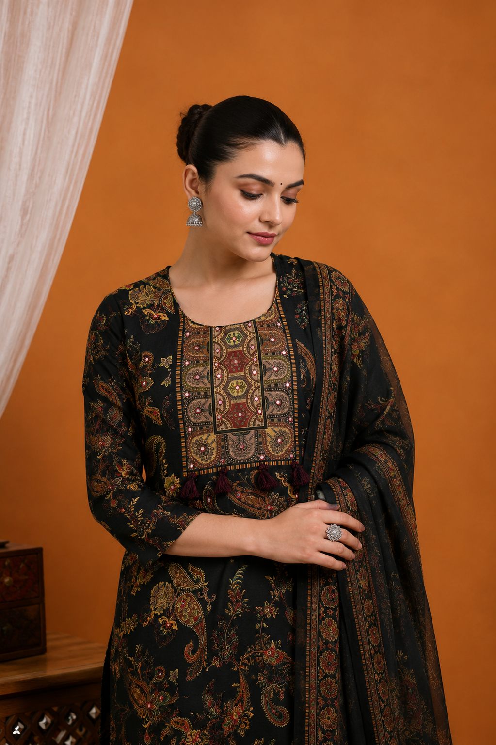 Black Paisley Printed Suit Set with Dupatta