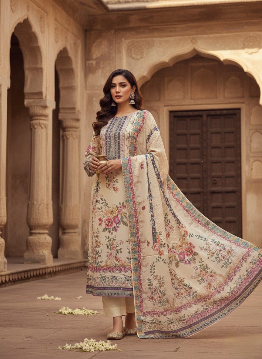 Vintage Floral Elegance: Ivory Silk Blend Embroidered Kurta Set with Printed Dupatta