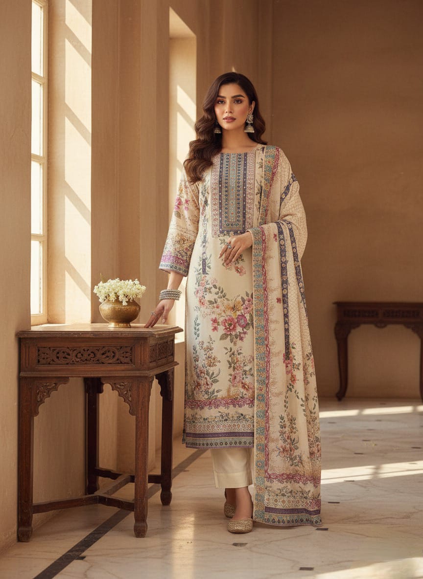 Vintage Floral Elegance: Ivory Silk Blend Embroidered Kurta Set with Printed Dupatta