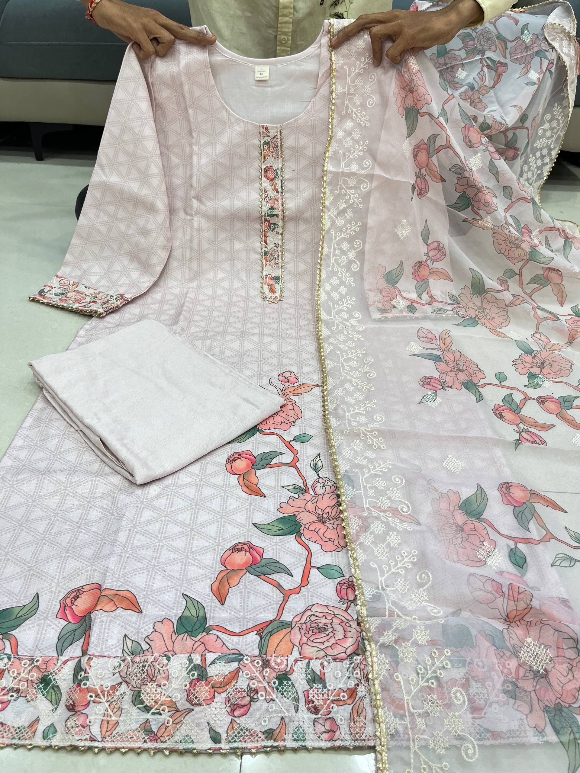 Elegant Beige Linen Floral Print Salwar Suit Set