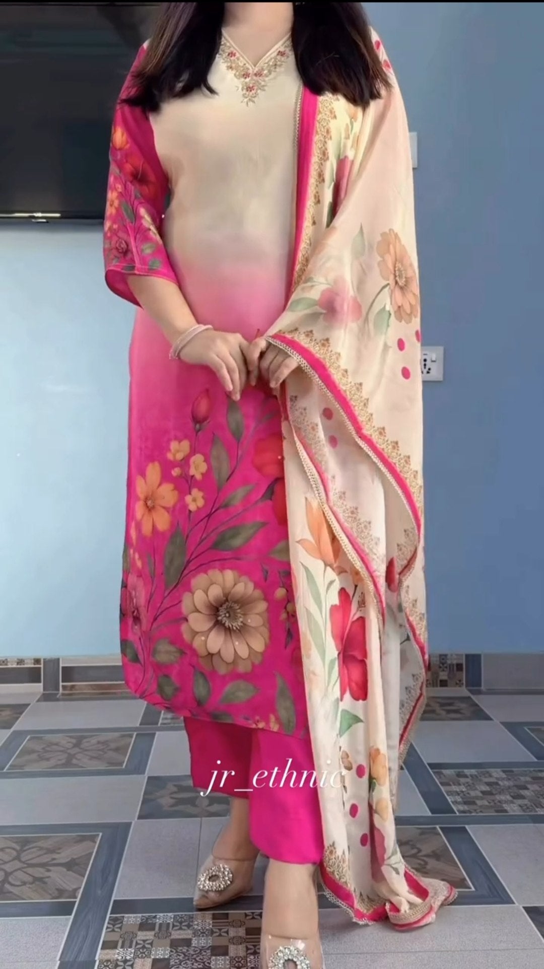 Ombre Pink Floral Soft Silk Salwar Suit Set