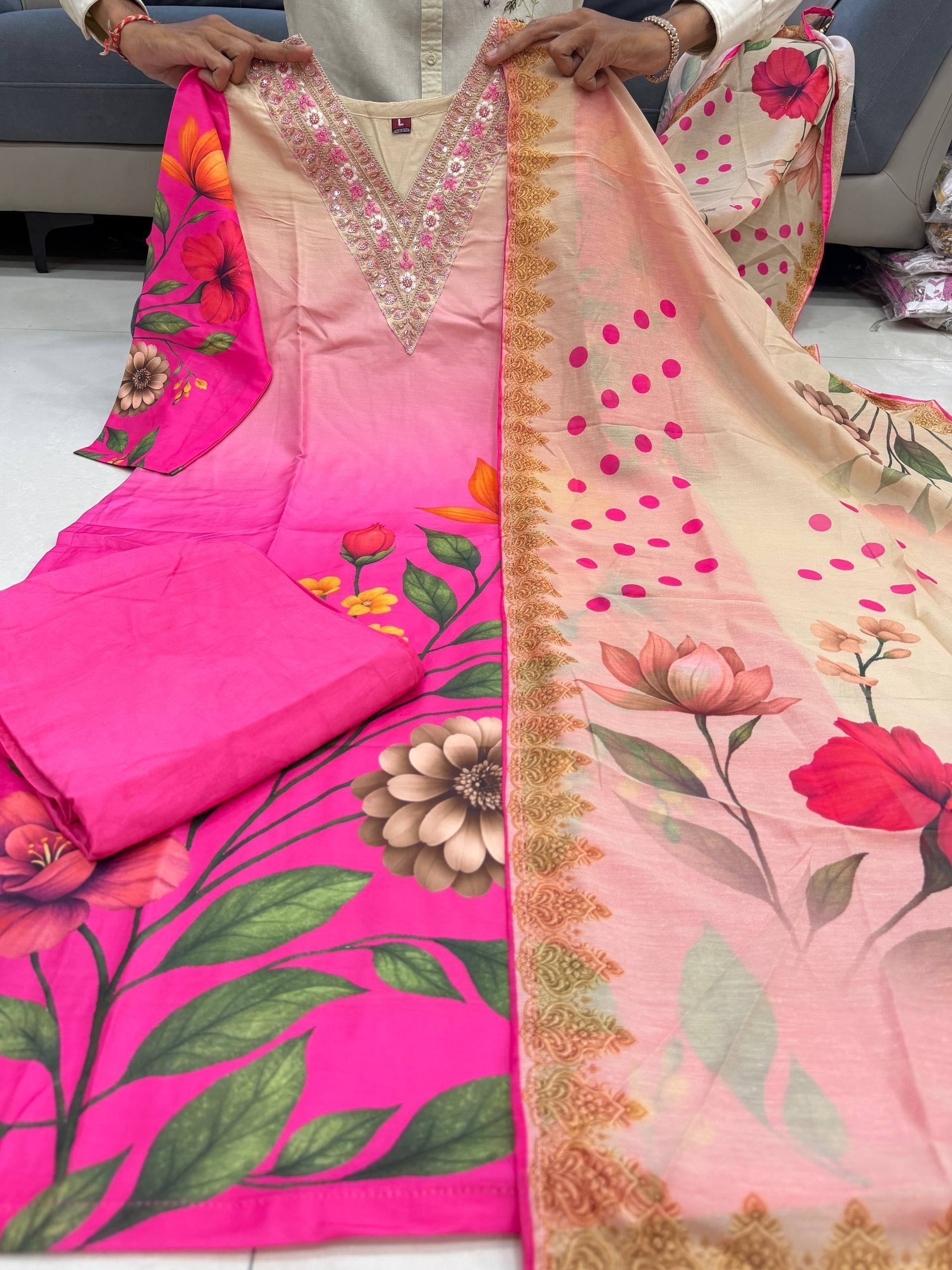 Ombre Pink Floral Soft Silk Salwar Suit Set