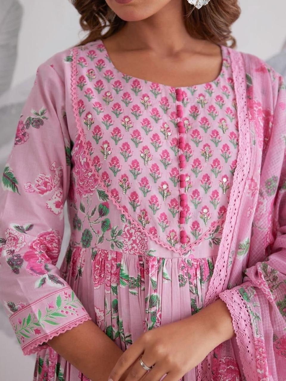 Pastel Pink Floral Jaipuri Cotton Anarkali 3-Piece Set