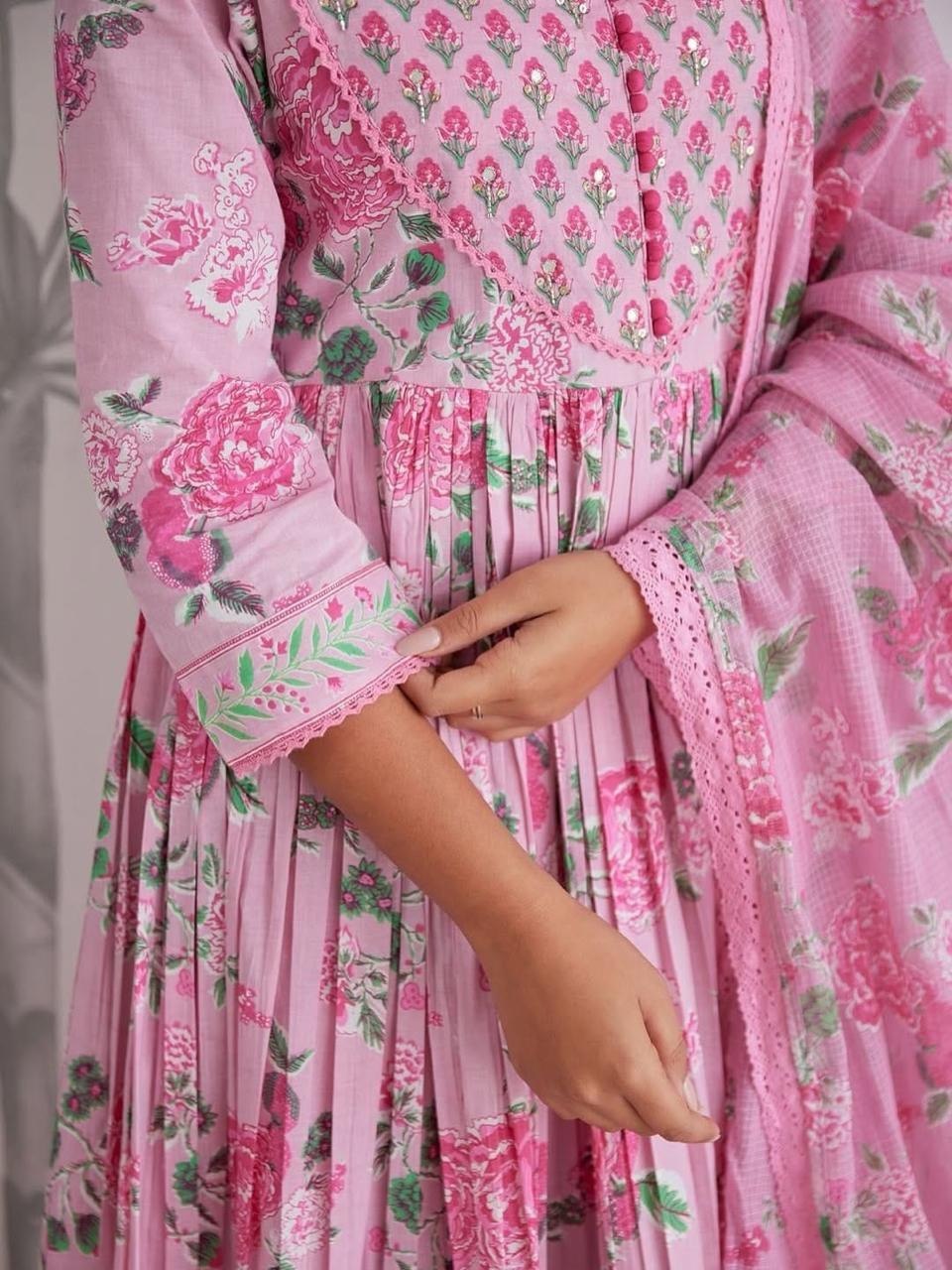 Pastel Pink Floral Jaipuri Cotton Anarkali 3-Piece Set