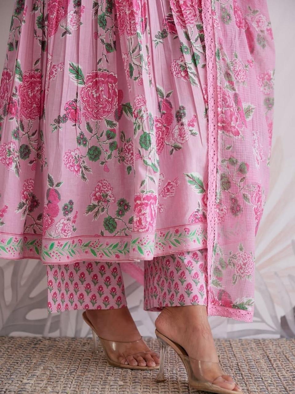 Pastel Pink Floral Jaipuri Cotton Anarkali 3-Piece Set