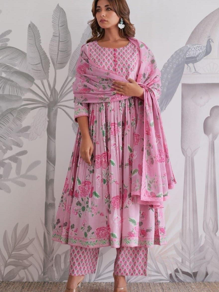 Pastel Pink Floral Jaipuri Cotton Anarkali 3-Piece Set