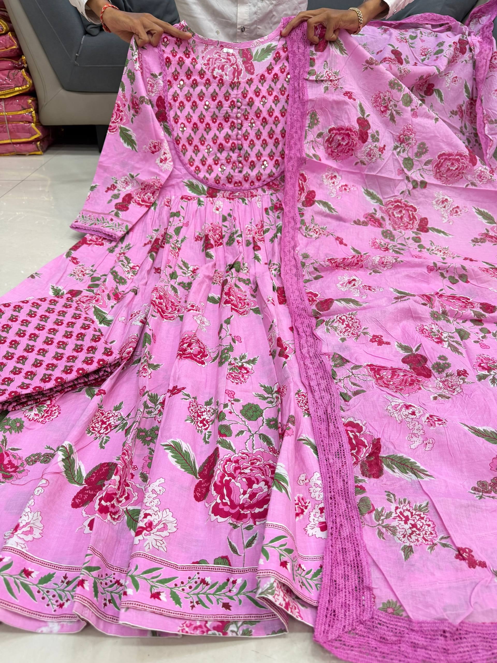 Pastel Pink Floral Jaipuri Cotton Anarkali 3-Piece Set