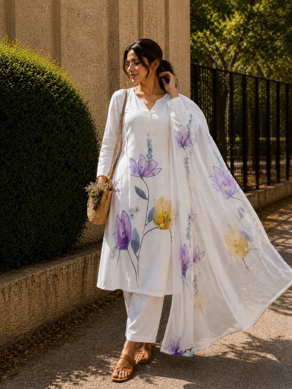 Pure Mulmul Linen Hand-Painted Floral Suit Set in Ivory White