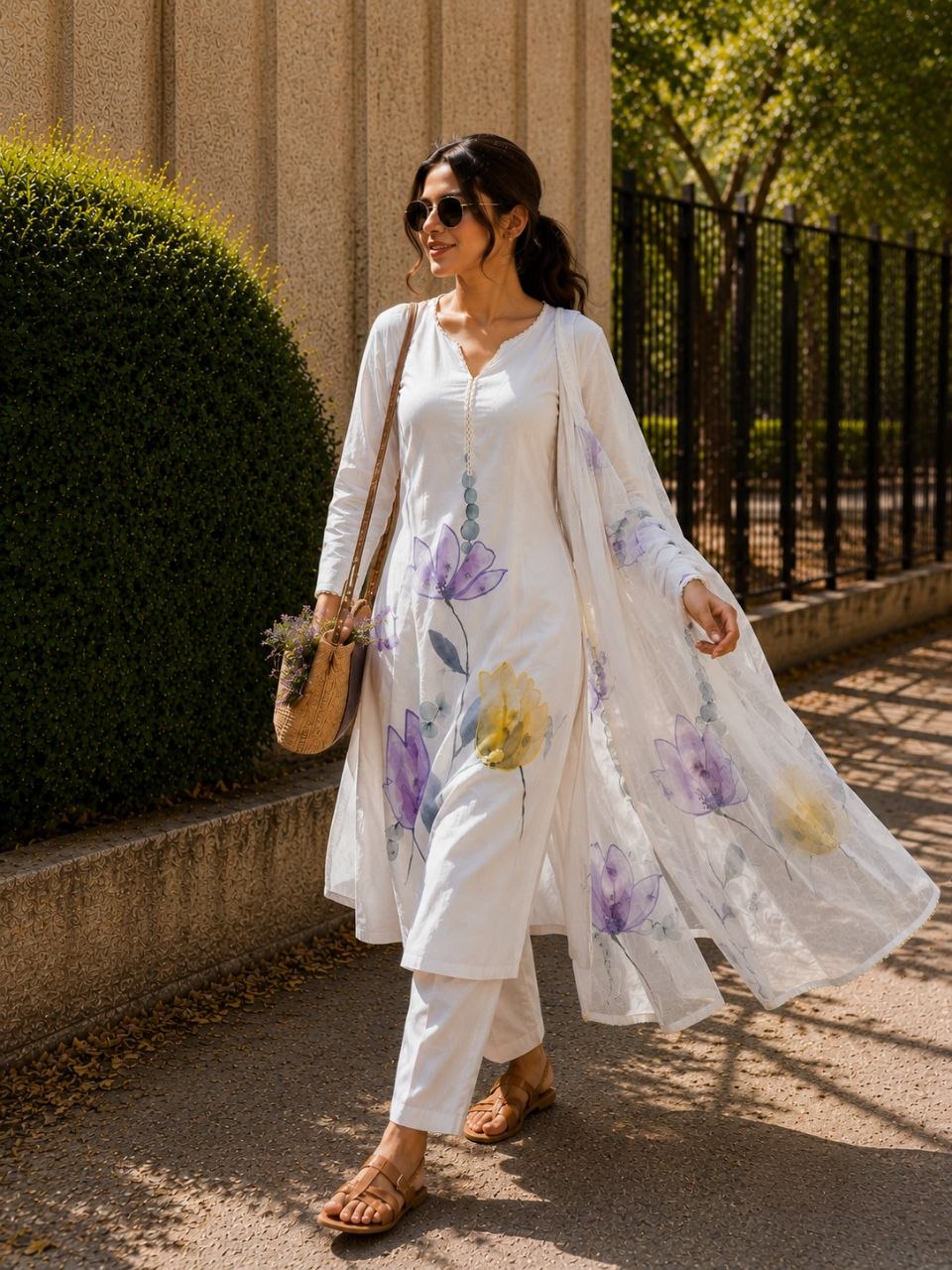 Pure Mulmul Linen Hand-Painted Floral Suit Set in Ivory White
