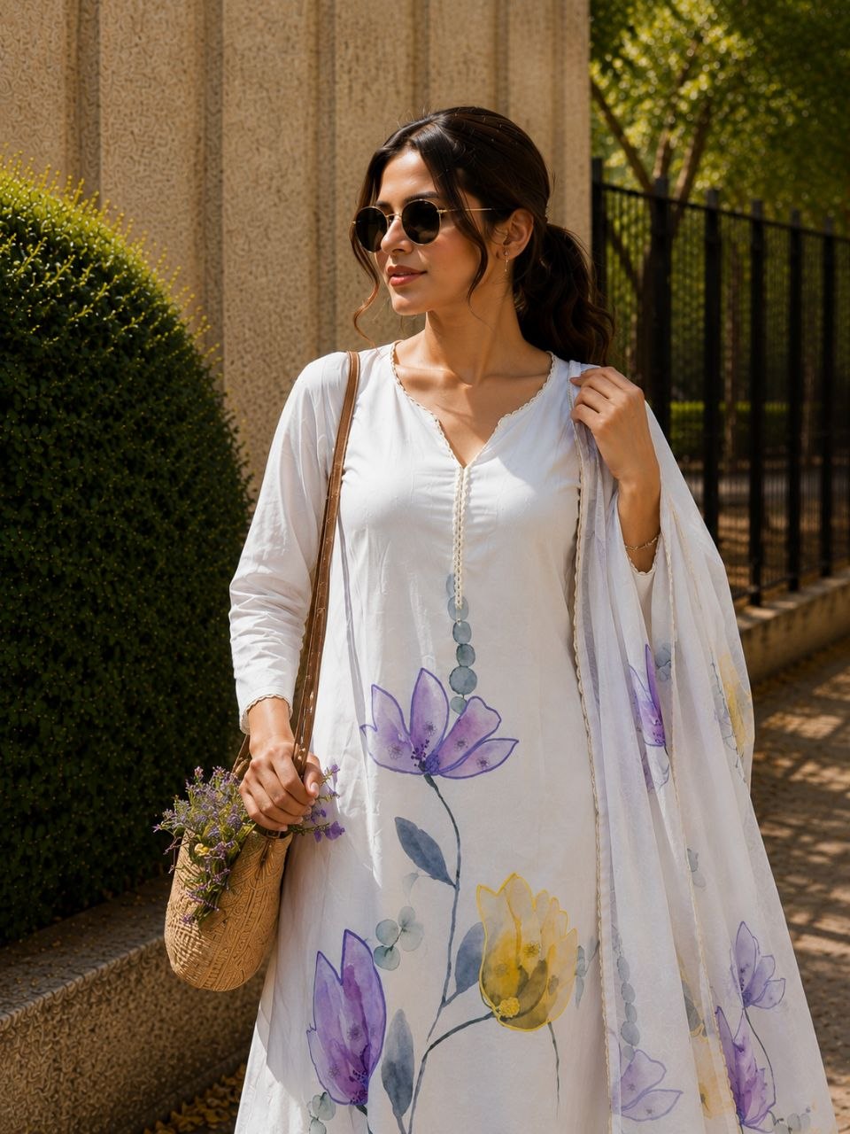 Pure Mulmul Linen Hand-Painted Floral Suit Set in Ivory White