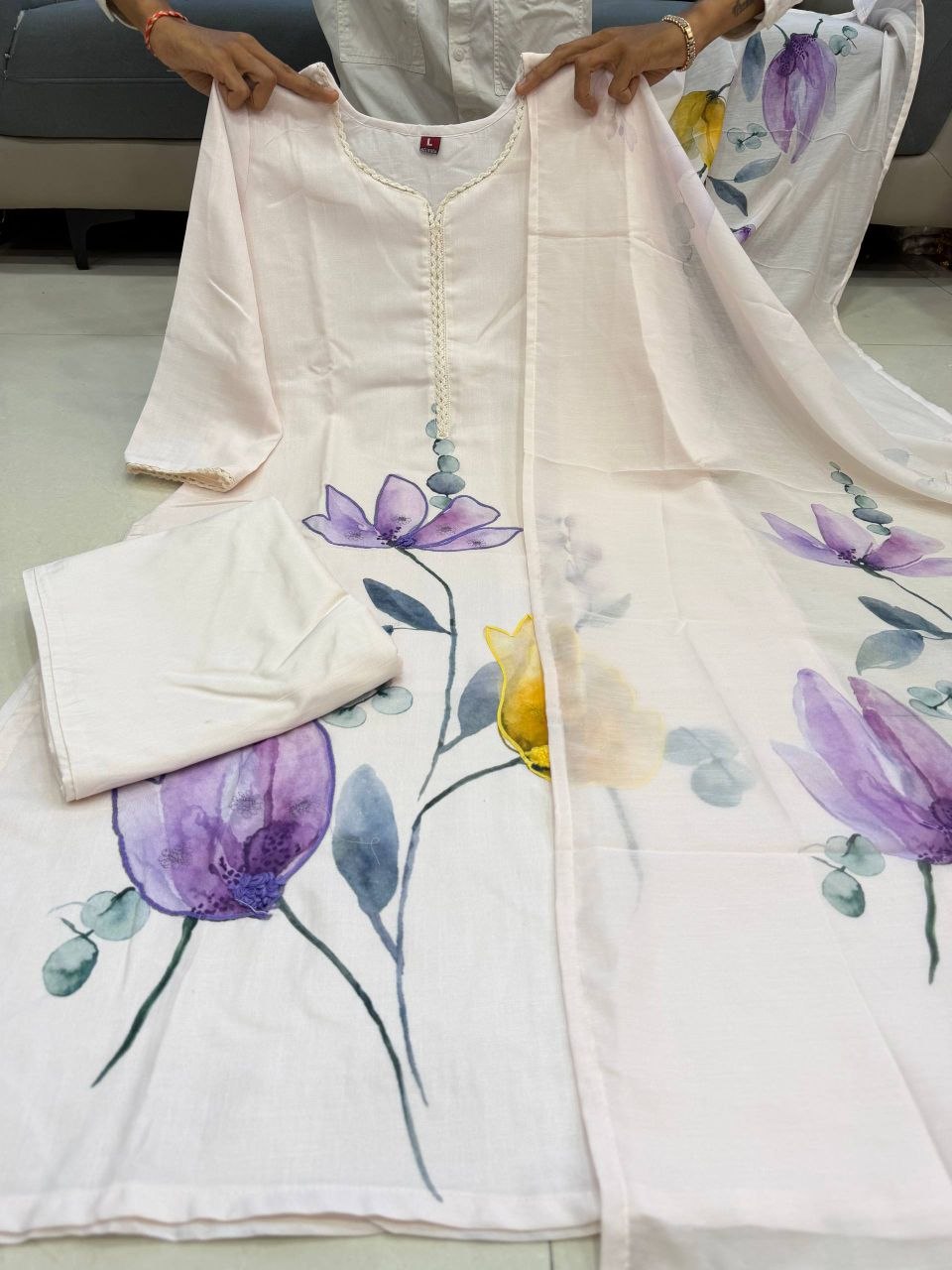 Pure Mulmul Linen Hand-Painted Floral Suit Set in Ivory White