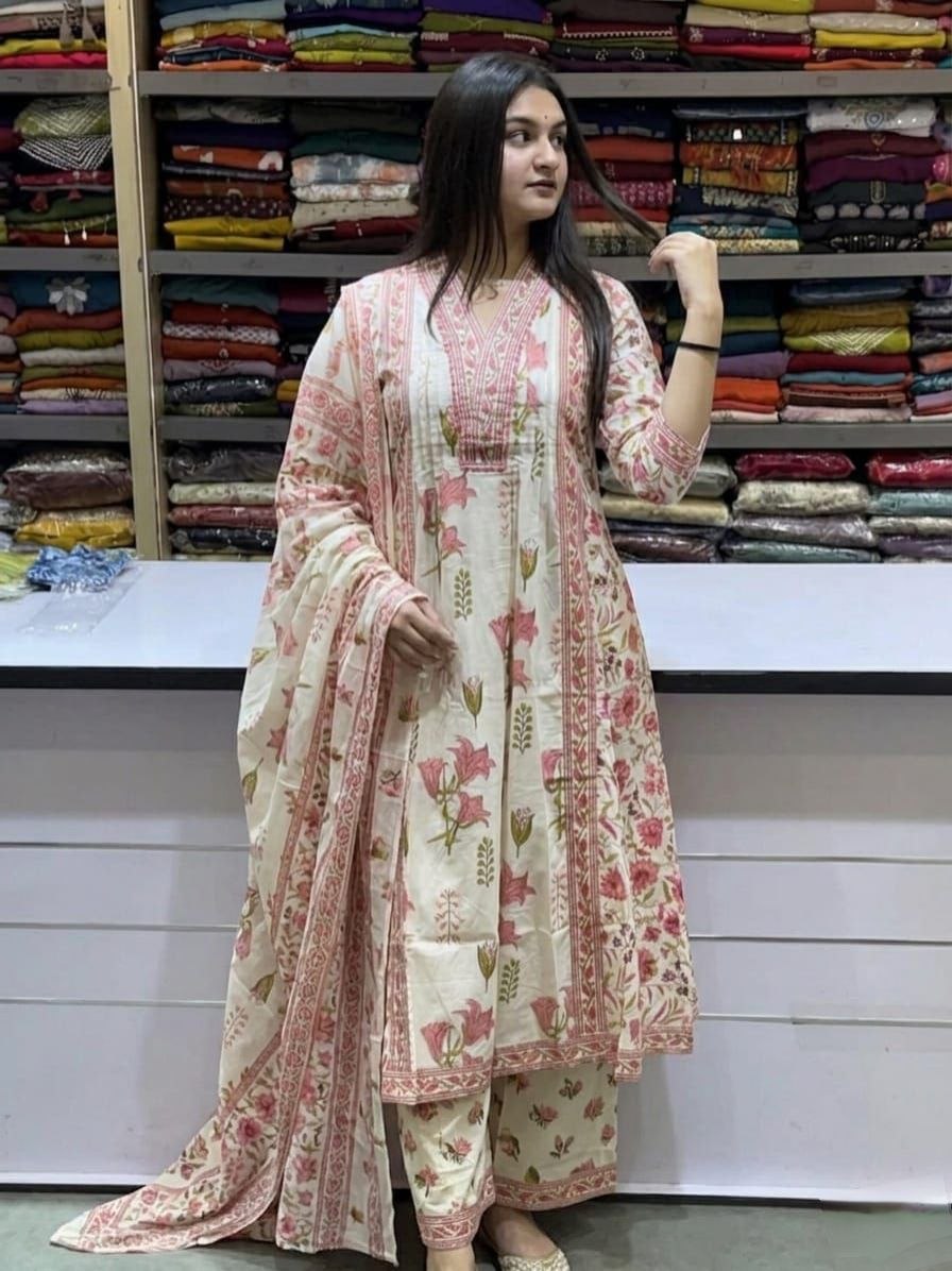 Off-White & Pink Pure Cotton Floral Suit Set