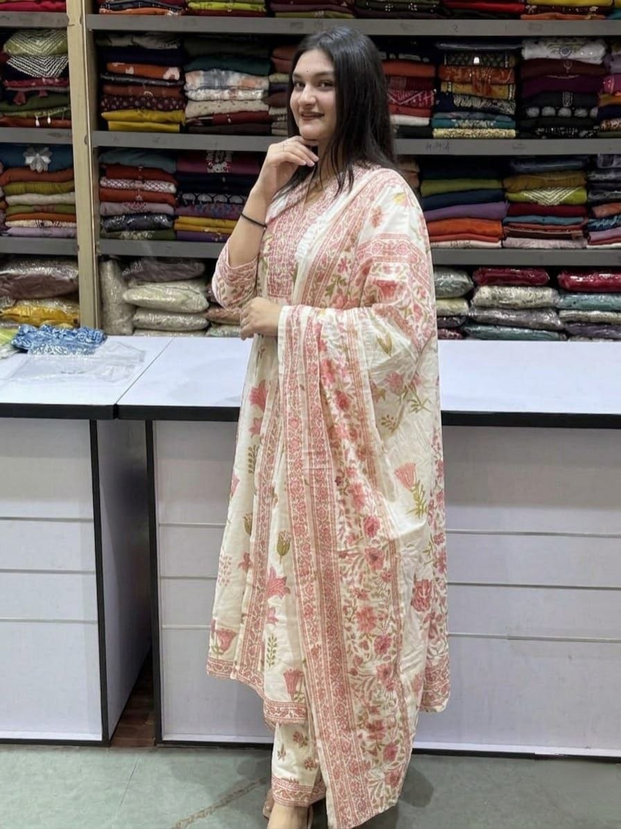 Off-White & Pink Pure Cotton Floral Suit Set