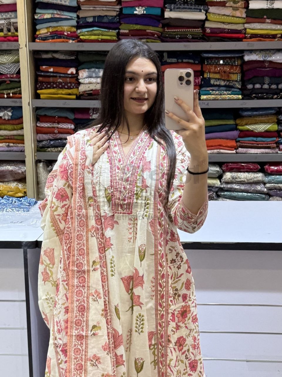 Off-White & Pink Pure Cotton Floral Suit Set
